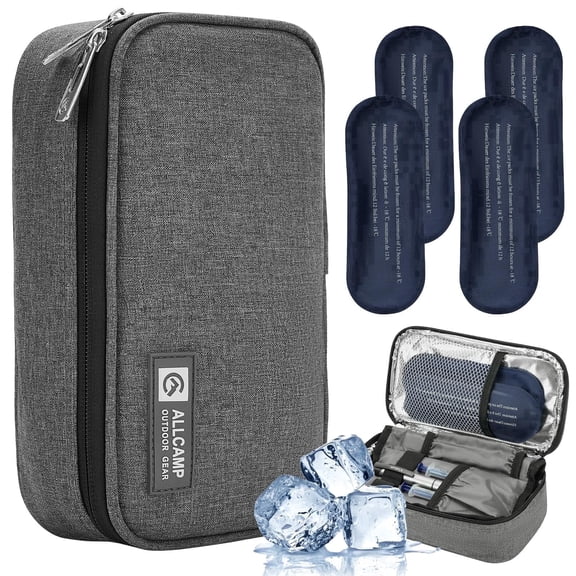 Insulin Cooler Travel Case, Large Tsa Approved Medication Organizer Bag, 4 Ice Packs, Gray, 9”x4.7”x3.14”