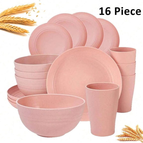 odorsTT 16-Piece Kitchen Plastic Wheat Straw Dinnerware Set, Service for 4, Dinner Plates, Dessert Plate, Cereal Bowls, Cups