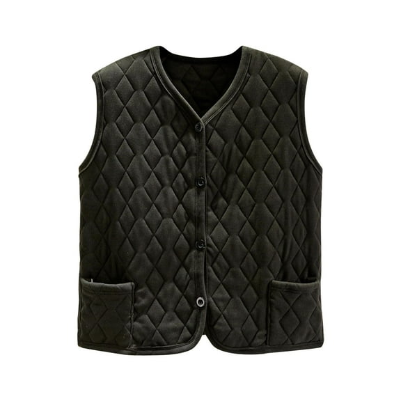 Htigea Winter Warm Gilet for Women Sleeveless Quilted Vest Solid Color Button Down Waistcoat with Pockets Black M