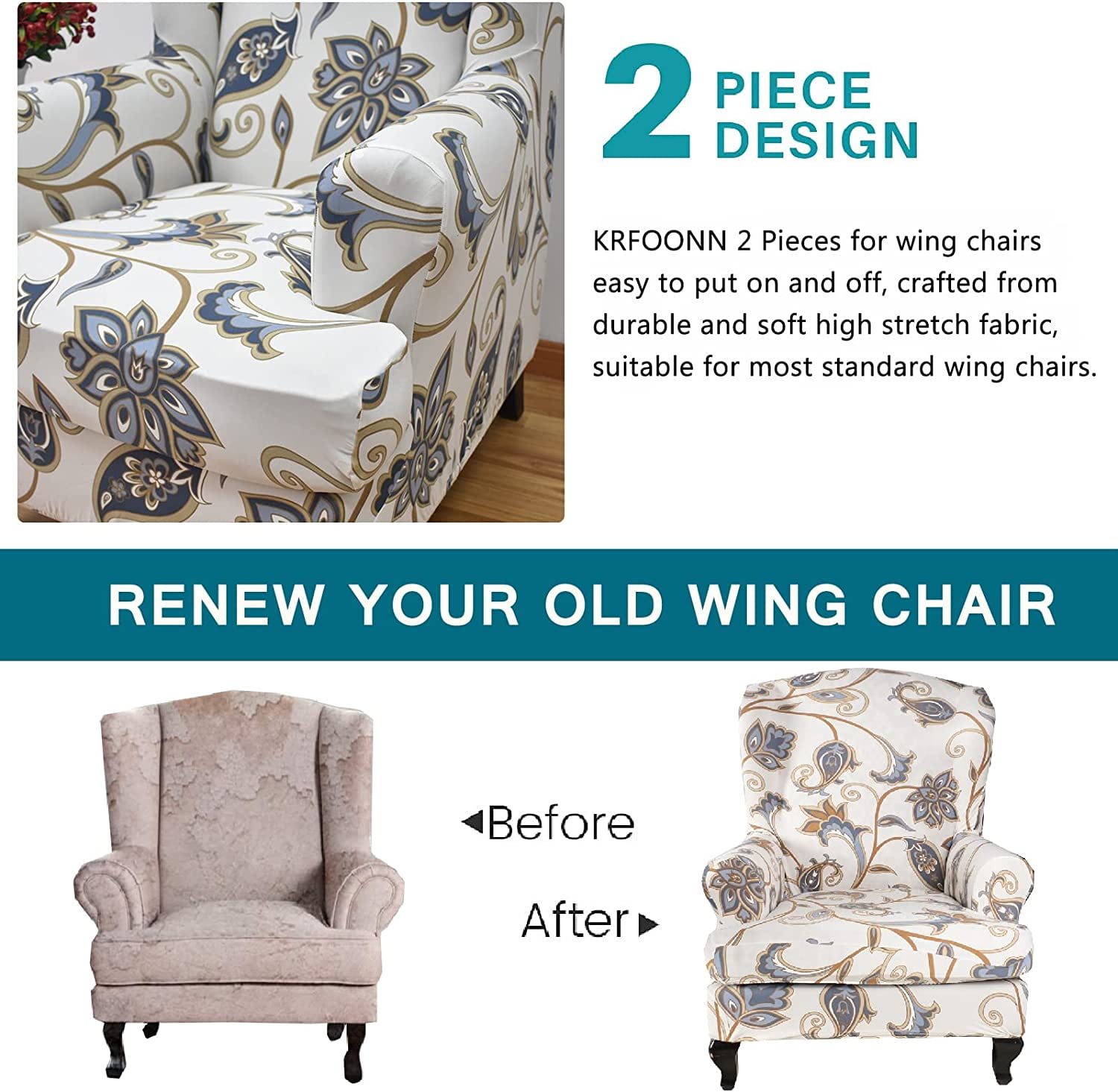 CHUNTIAN Wingback Chair Covers Slipcovers 2 Piece Stretch Wing Chair Covers Spandex Slipcovers Wingback Sofa Covers Armchair Covers Non-Slip Furniture Protector for Living Room Wingback Chairs, A13