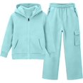 thumbnail image 4 of YUNLIUU Girls Sweatsuit Fall Winter Kid Zip Up Hoodie And Cargo Sweatpants Set,130=7-8Years,Mint Green_01, 4 of 4