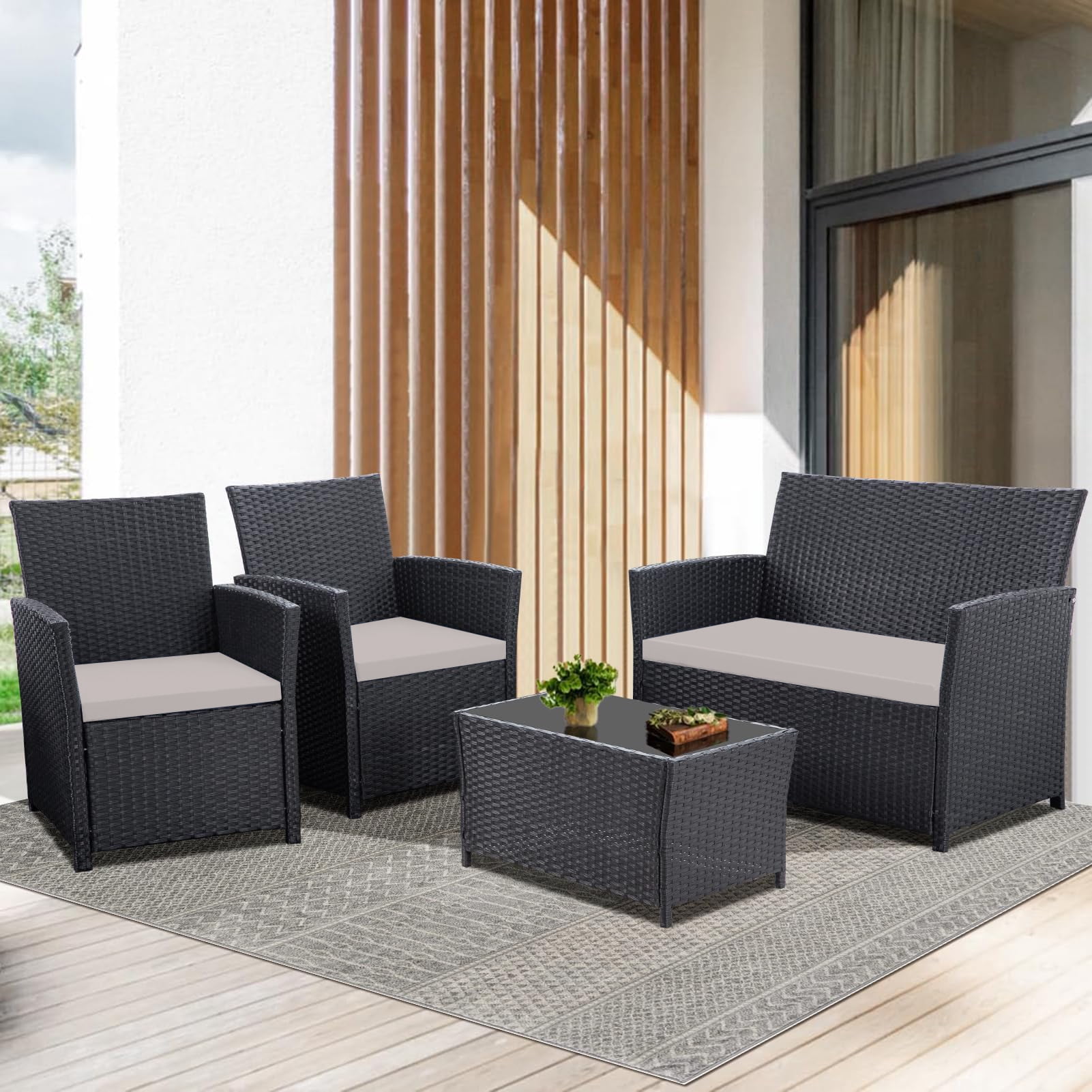 FHFO 4 Piece Patio Furniture Set,Outdoor Wicker Conversation Sets,Rattan Sectional Sofa w/Coffee Table,Seat Cushions for Backyard Porch Garden Poolside - Black Wicker/Gray Cushions