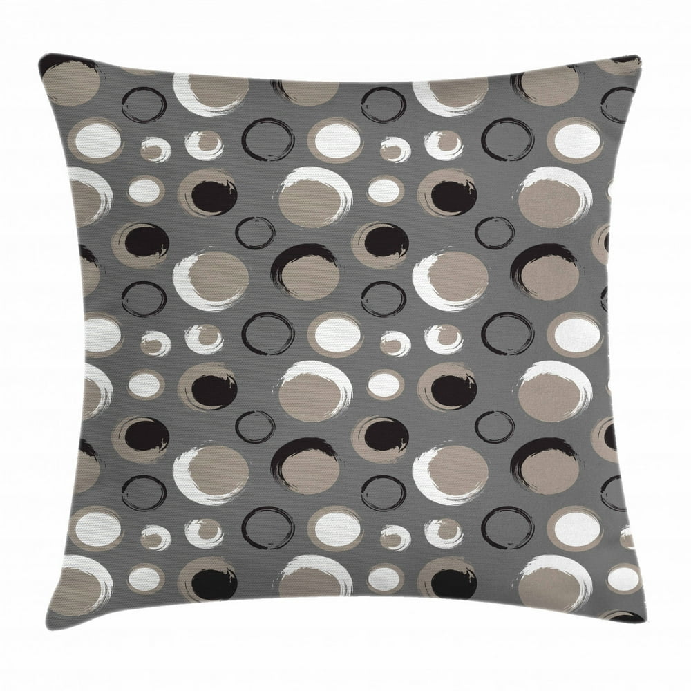 Taupe Throw Pillow Cushion Cover, Grunge Circles Dots Brushstrokes Hand