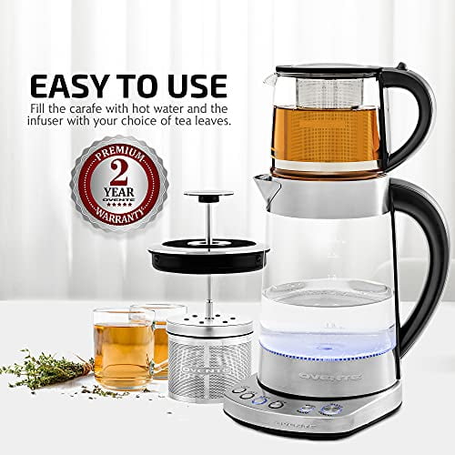 OVENTE 1.7 L Electric Glass Kettle, Prontofill Tech, Portable Kettle KG733S  + Glass Tea Pot Infuser