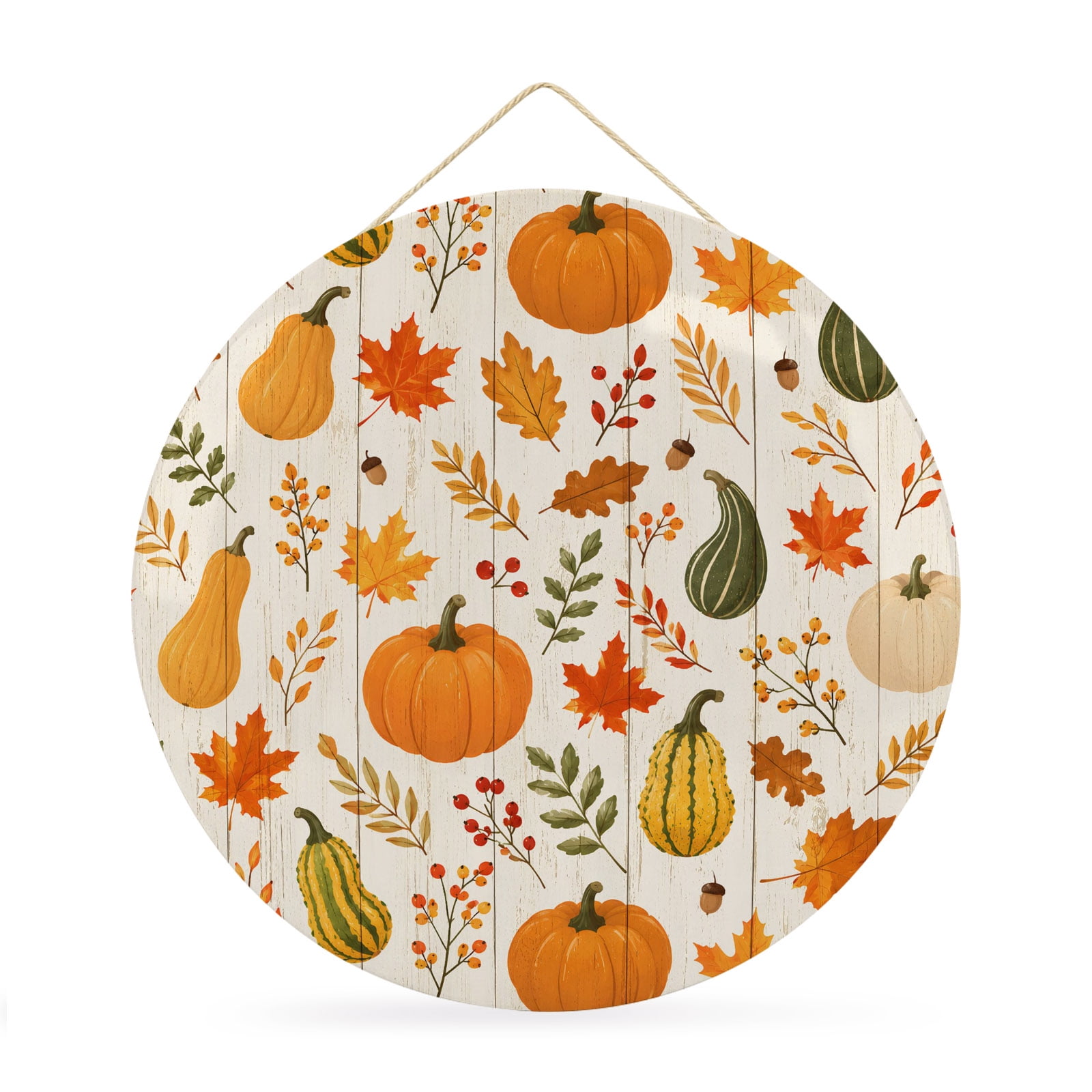 Welcome Sign Front Door Decorations Fall Pumpkins Round Wall Art Outdoor Metal Wreaths Thanksgiving Maple Leaves Berries Wooden Seasonal Hanging Sign for Home Porch Decor Warming Gift 12 In