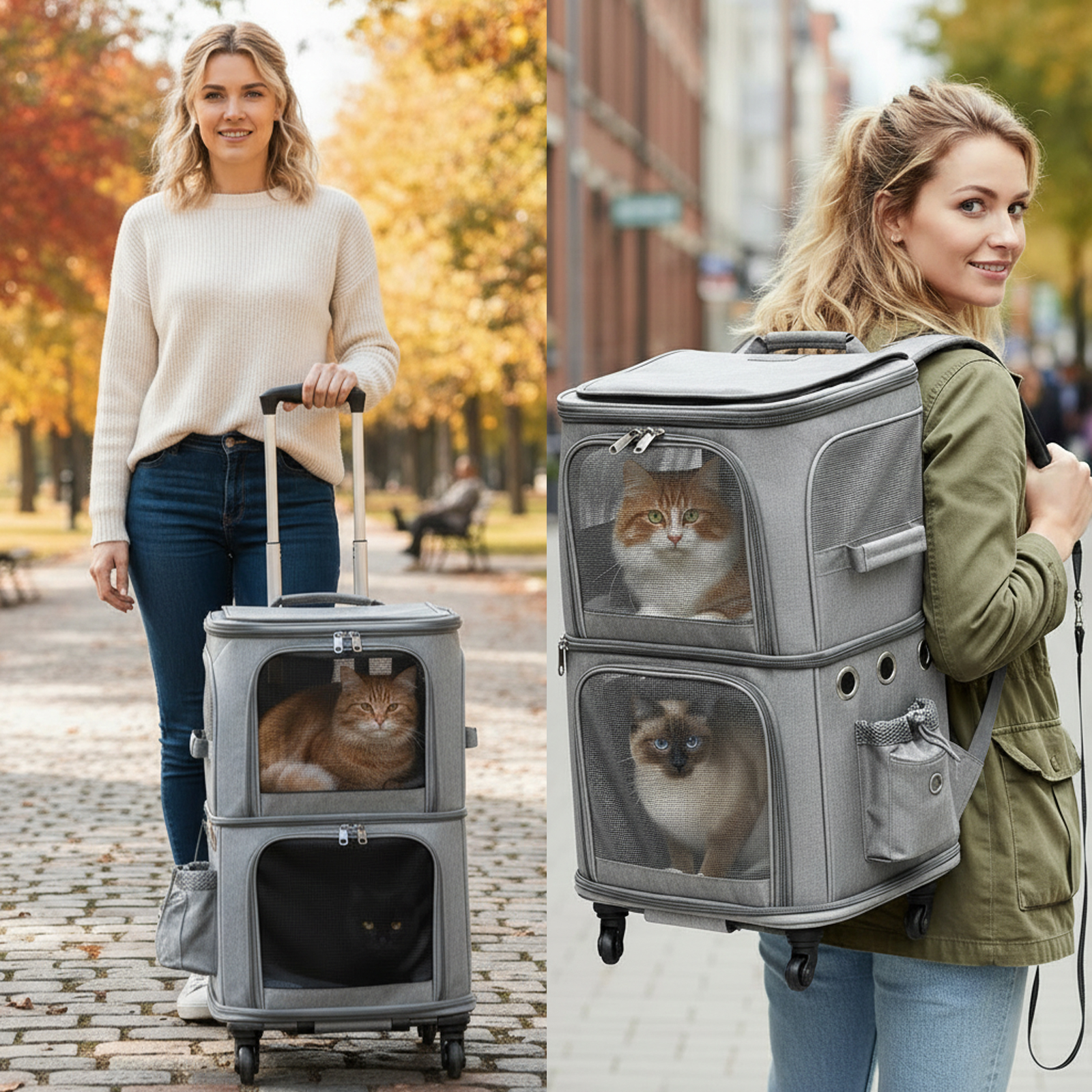ManyFun Extra Large Double-Compartment Pet Carrier Backpack with Wheels for Small Dogs and Cats, Cat Rolling Carrier for 2 Cats, Perfect for Traveling/Taking a Walk/Trips to The Vet, Grey