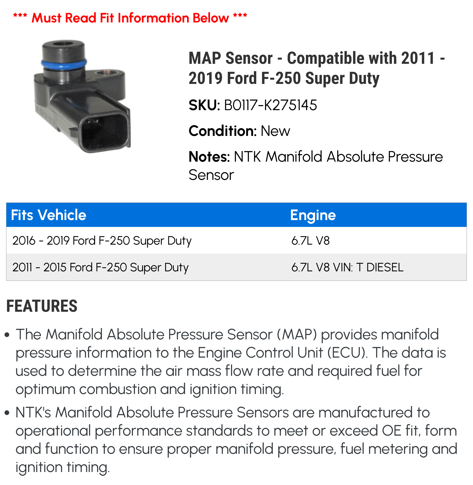 MAP Sensor - Compatible with 2011 - 2019 Ford F-250 Super Duty 2012 2013 2014 2015 2016 2017 2018