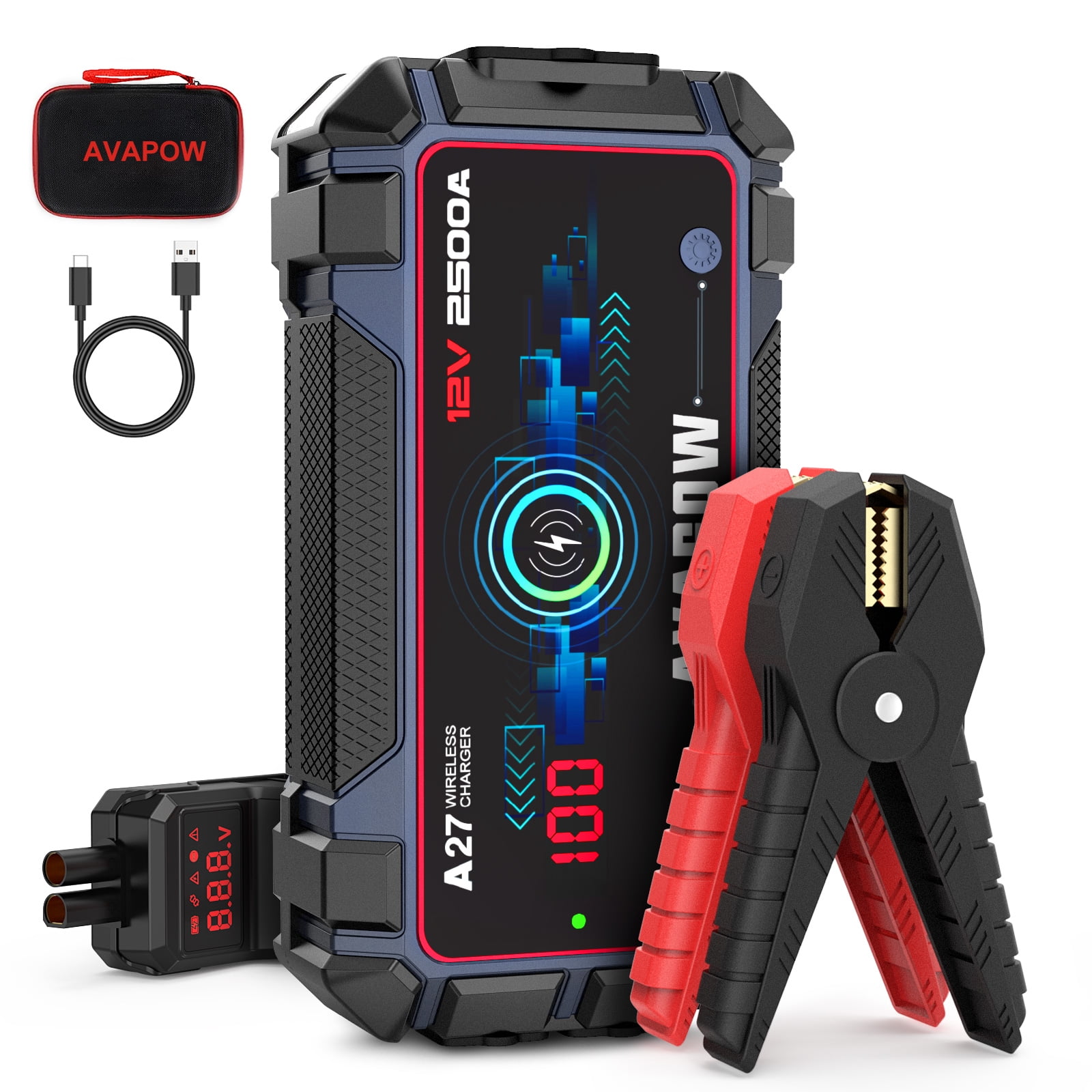 Up to 8L Gas 8L Diesel Engine with Smart Safety Cable, Wireless Charging and USB Fast Charging, IP65 Portable Auto Battery Boost Pack Jumper Box AVAPOW Car Battery Jump Starter 2500A Peak 22800mAh 