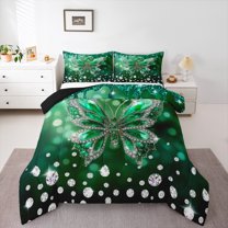 jejeloiu Chic Butterfly Queen Comforter Set,Diamond Moth Bedding Sets,Green Sliver Bedding Comforter Set For Girls Kids,Luxury Bedroom Decor Reversible,3pcs