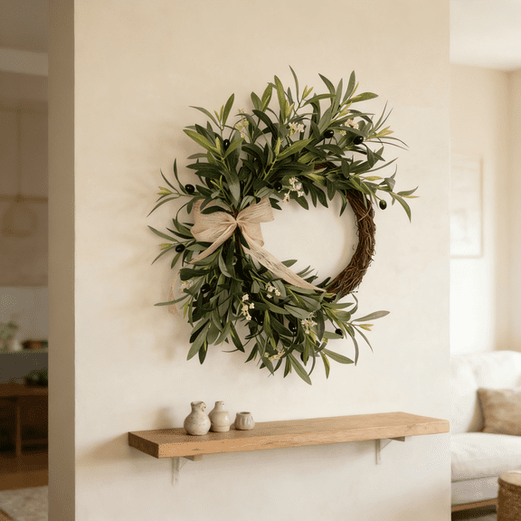 Guvpev Rustic Olive Branch Wreath - 19.69" Handcrafted Vine Base with Large Burlap Ribbon - All-Season Indoor & Outdoor Home Decor