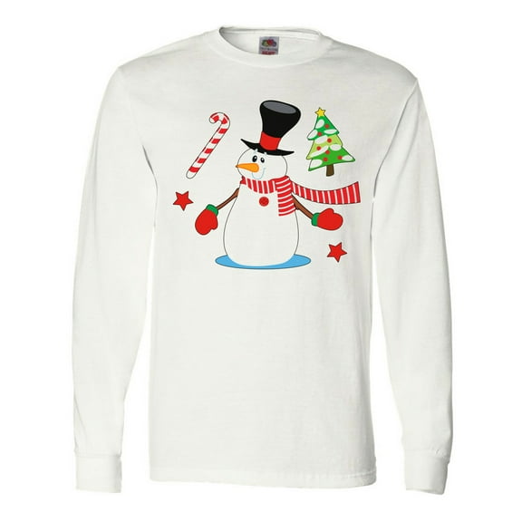 Inktastic Top Hat Snowman with Christmas Tree and Candy Cane Long Sleeve T-Shirt