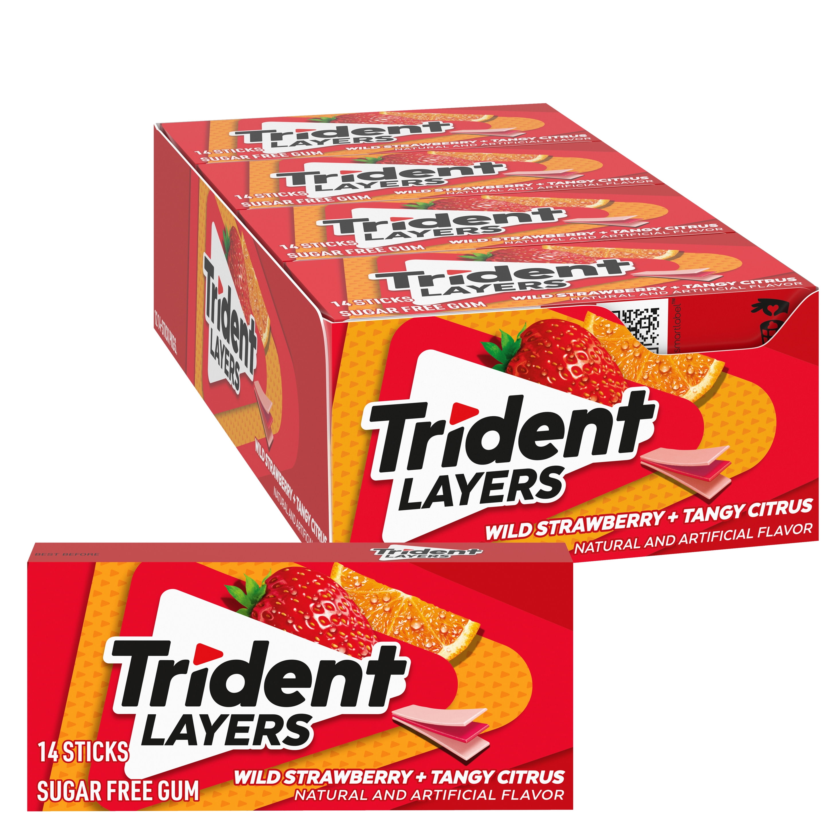 Trident Layers Wild Strawberry & Tangy Citrus Sugar Free Gum, 12 Packs of 14 Pieces (168 Total Pieces)