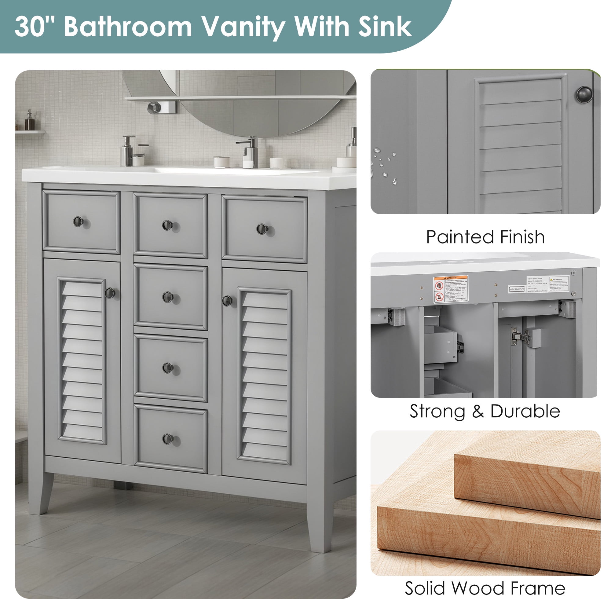 SogesPower 36" Bathroom Vanity with Ceramic Sink, Solid Wood Bathroom Makeup Cabinet with 2 Cabinets and 5 Drawers, Modern FreeStanding Single Basin Vanity Set for Bathroom, Grey