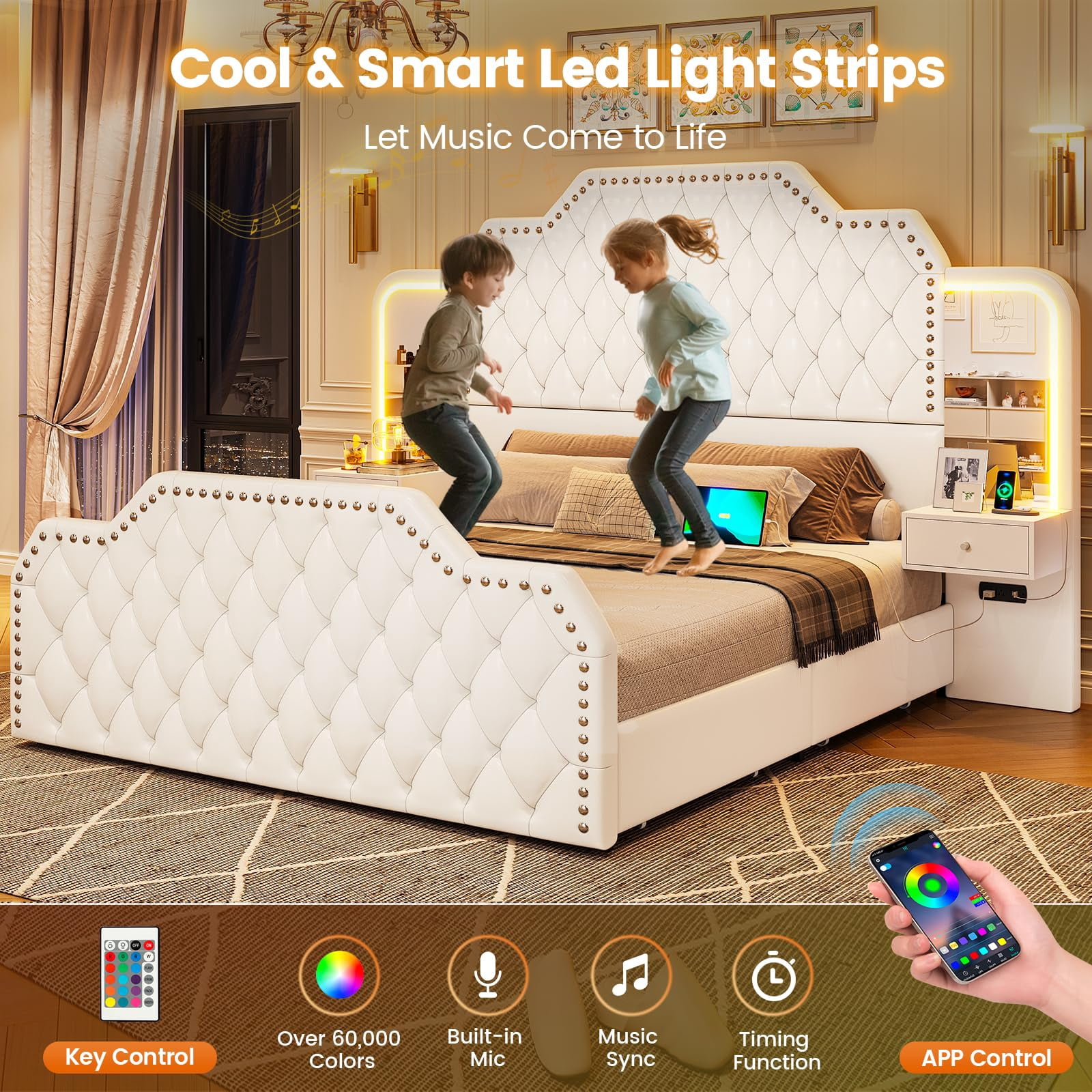 Queen Bed Frame with 2 Nighstands, Power Outlets and 4 Drawers, Upholstered Bed with Vanity Tables and Mirrors, Modern Velvet Tufted Platform Bed with Headboard & Footboard, White