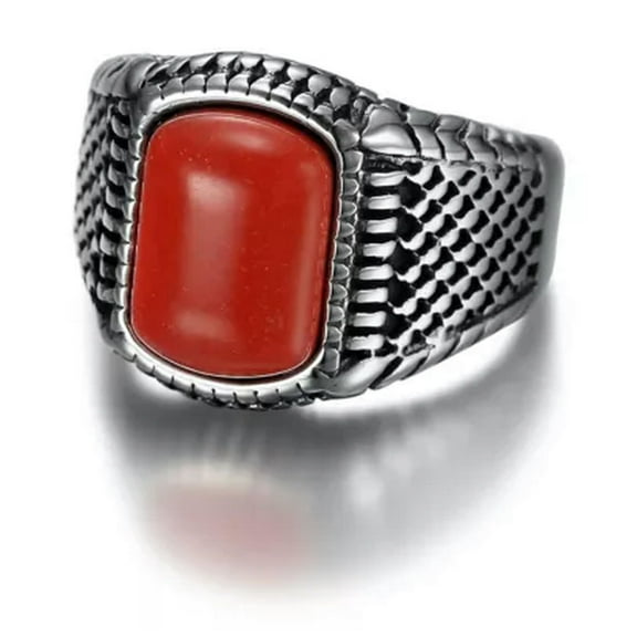 K-KED Vintage Polished Red Coral Gem Men's Rings Titanium Steel Delicate Jewelry Size 7-15-11