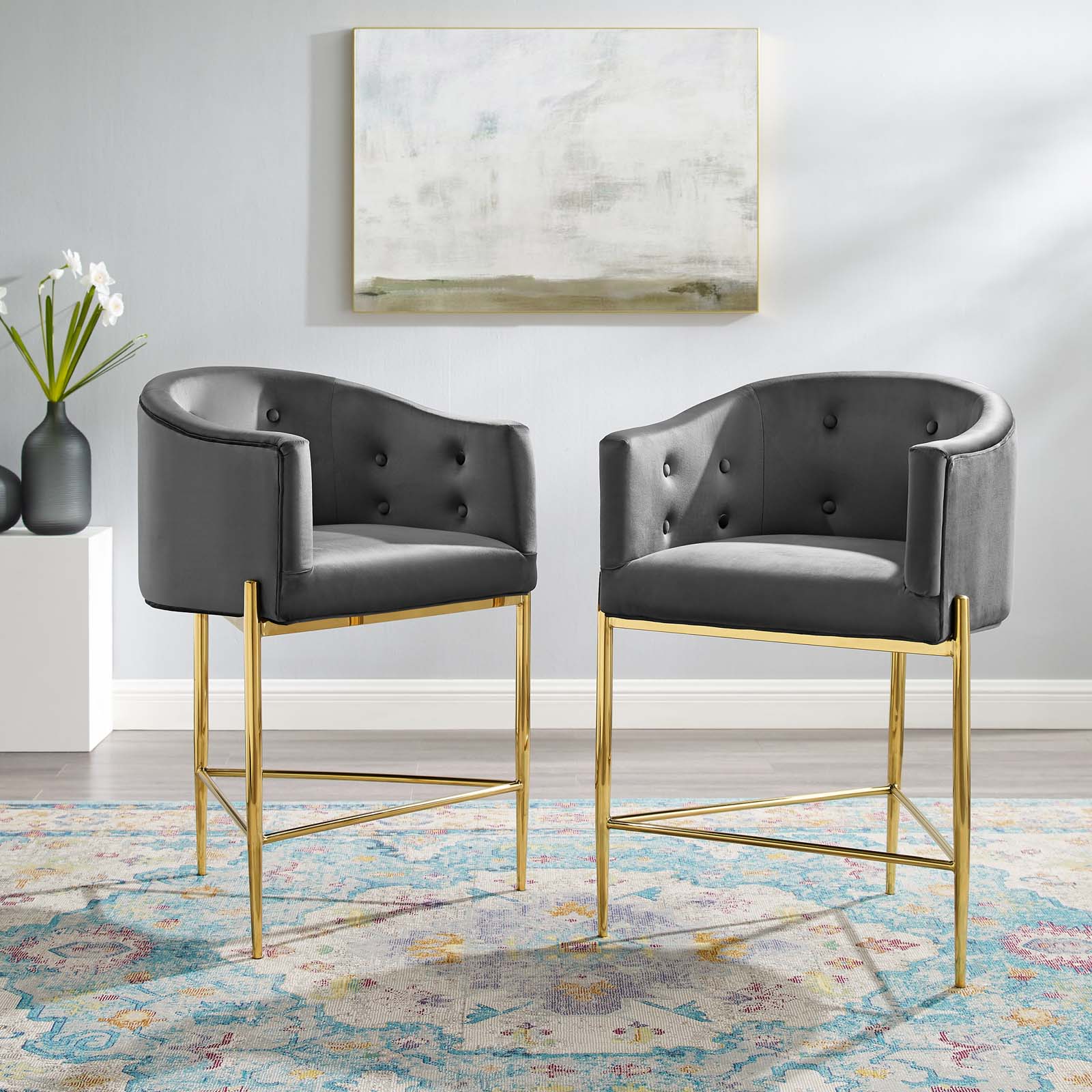 Modway Savour Tufted Performance Velvet Counter Stool, Gold, Set of 2