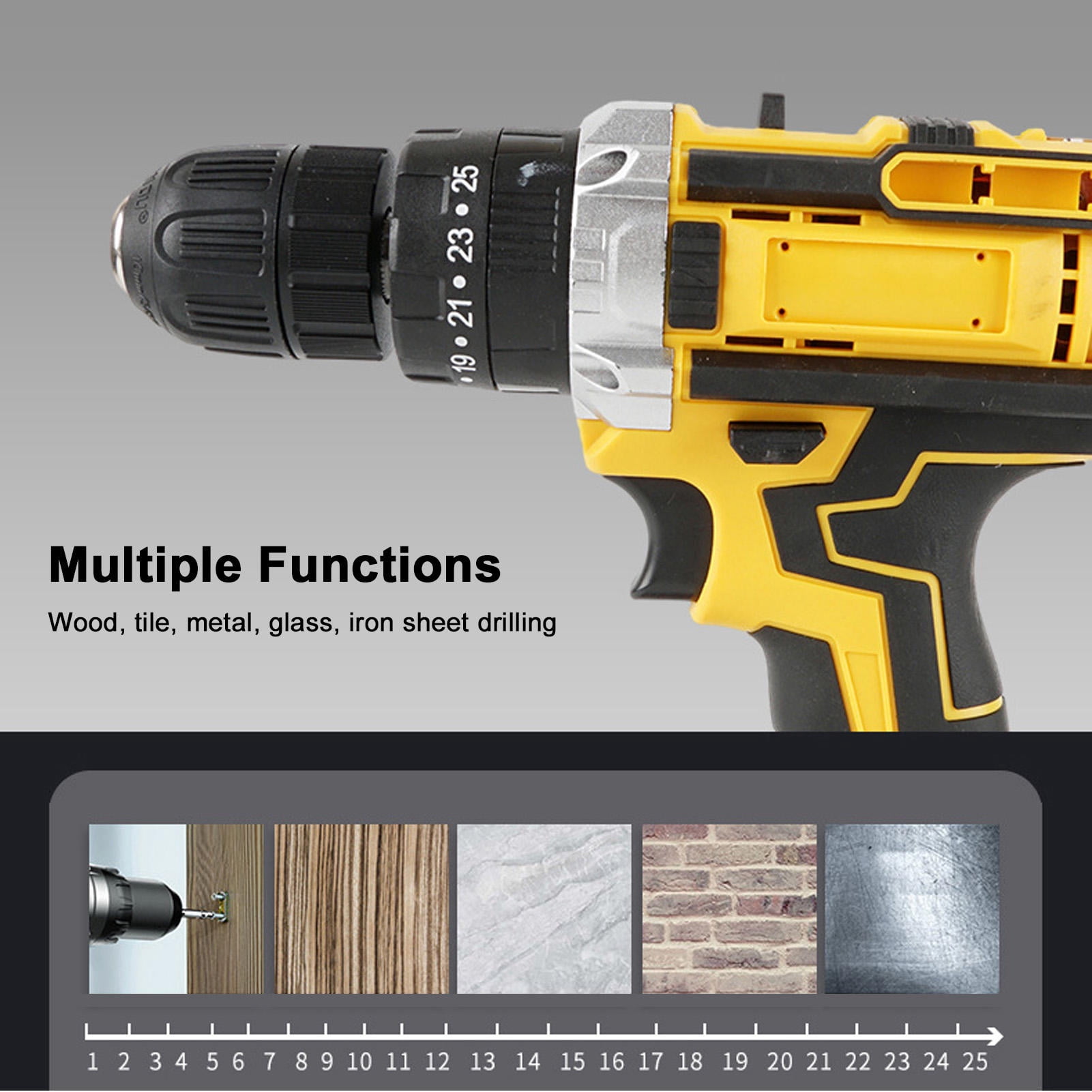 Rupoun Lithium Electric Drill Kit Cordless Driver Battery Powered Handheld Drill for Wood Steel Drilling with 2 Batteries and Case (11.8 inches / 30.0 cm)