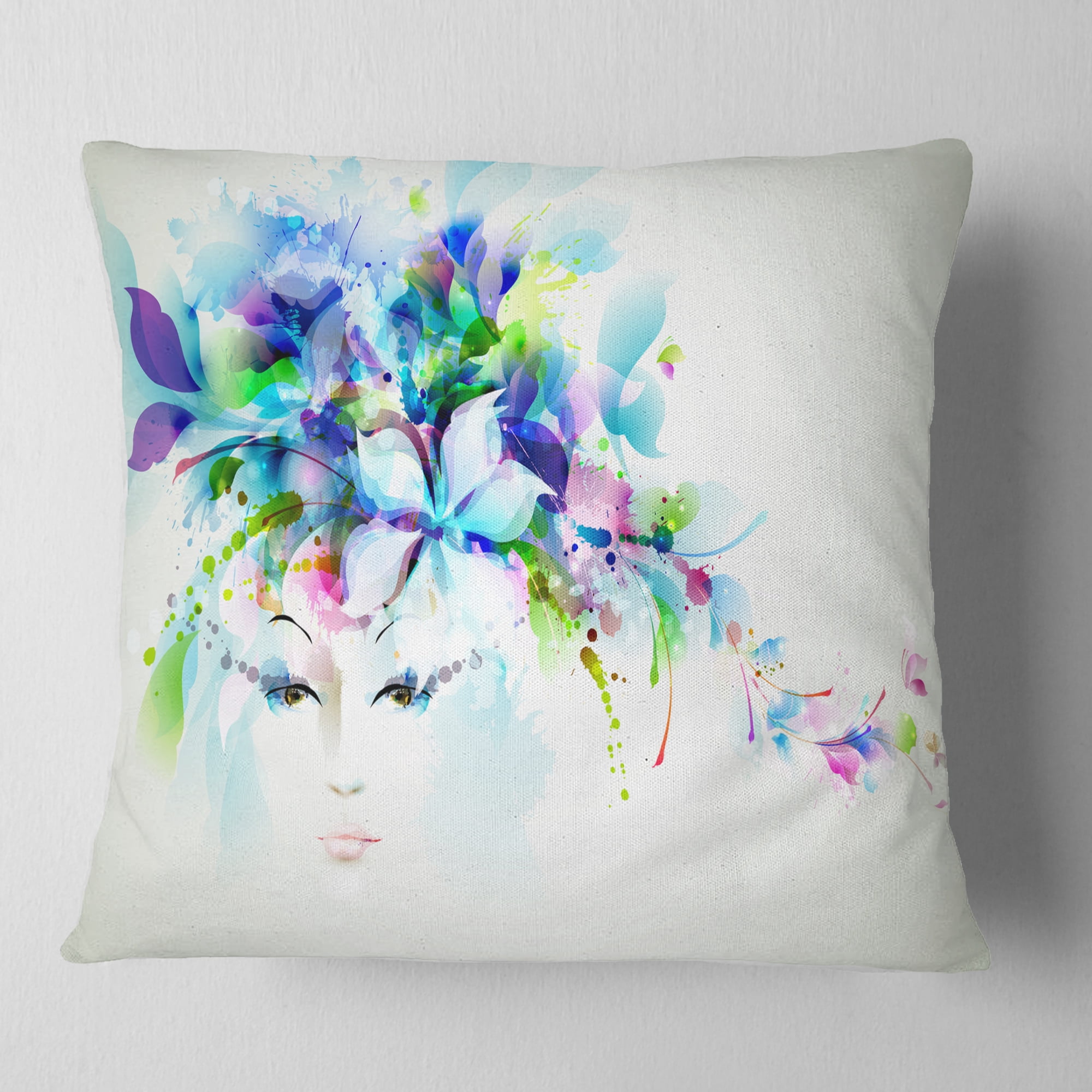 Designart Woman with Blue Flowers - Floral Throw Pillow - 18x18