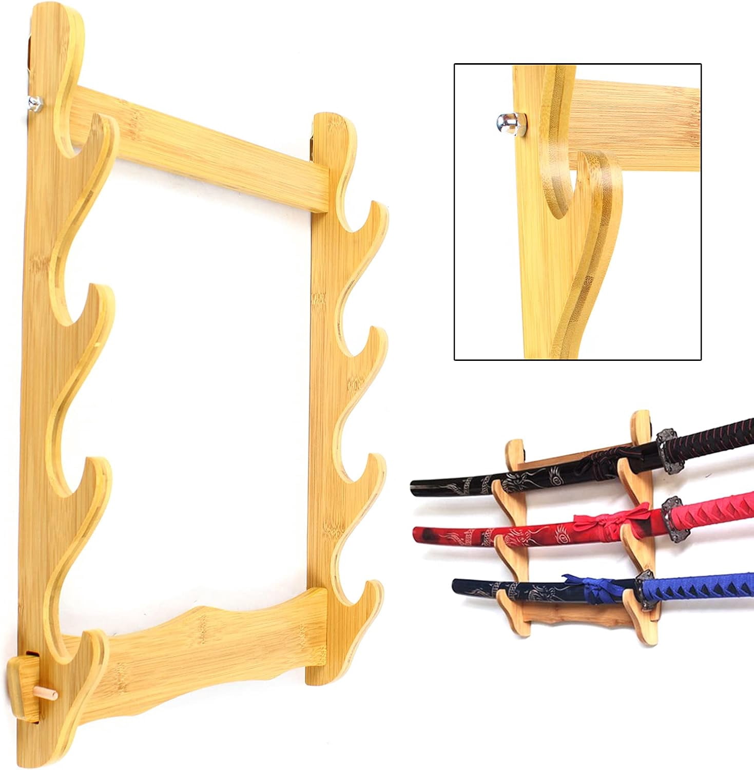 4 Wall Mount Wooden Rack Natural Wood Finish  Storage Shelf Holder