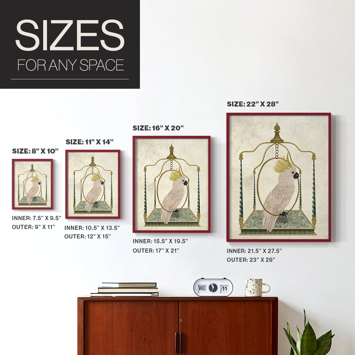White Cockatoo on Swing Framed Print in Red Solid Wood 8 x 10 Framed Print