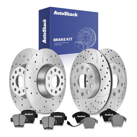 AutoShack Front & Rear Drilled & Slotted Brake Rotors Ceramic Brake Pads | Replacement for 2012-2015 VW Passat 1.8L 2.0L 2.5L 3.6L V6 FWD | Silver Zinc Coated | 12-PC Brake Kit | SilverShield Pro