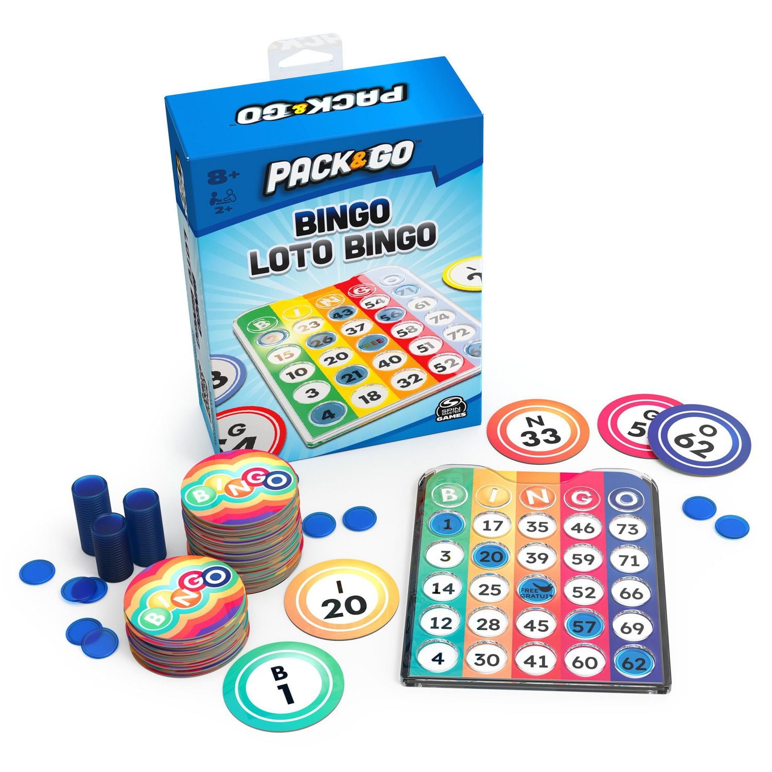 Pack & Go, Jeu de bingo de Spin Master Games, Jeux en plein air, Jeux pour enfants, Jeux d'extérieur, Jetons de bingo multicolores transportable, pour adultes et enfants à partir de 8 ans