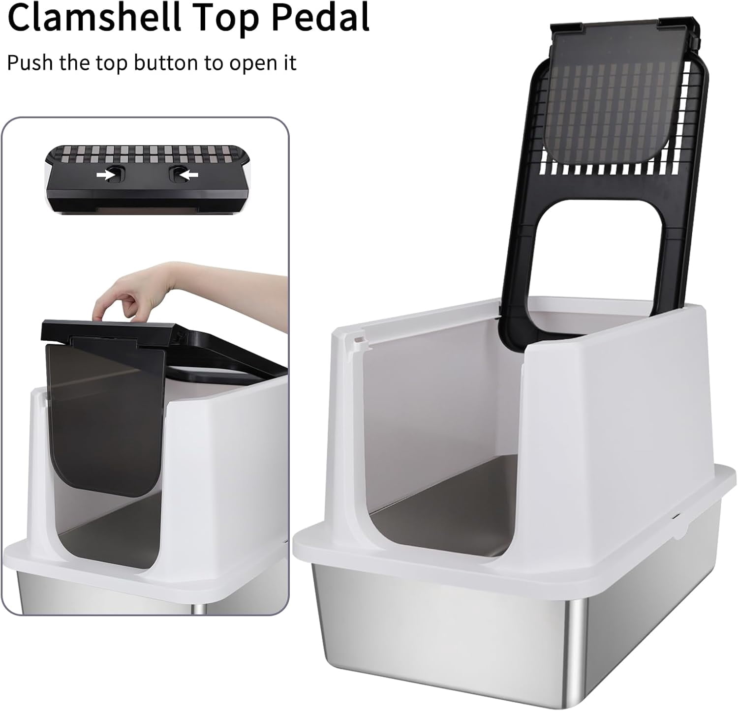 Stainless Steel Cat Litter Box, Semi-Enclosed Litter Box with Raised Edges, Anti-Leakage & Odorless, Large Litter Box for Small to Large Sized Cats (Black, 23.8" L*15.9" W*16.1" H)