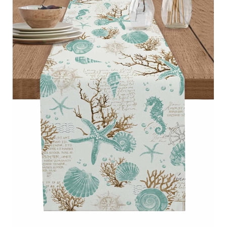 Boanket Coastal Starfish Table Runner - 108 Inch Long Kitchen Dining Table Runner Dresser Scarves Farmhouse Nautical Seahorse Conch Farmhouse Decor for Coffee Tables Wedding Party Banquet