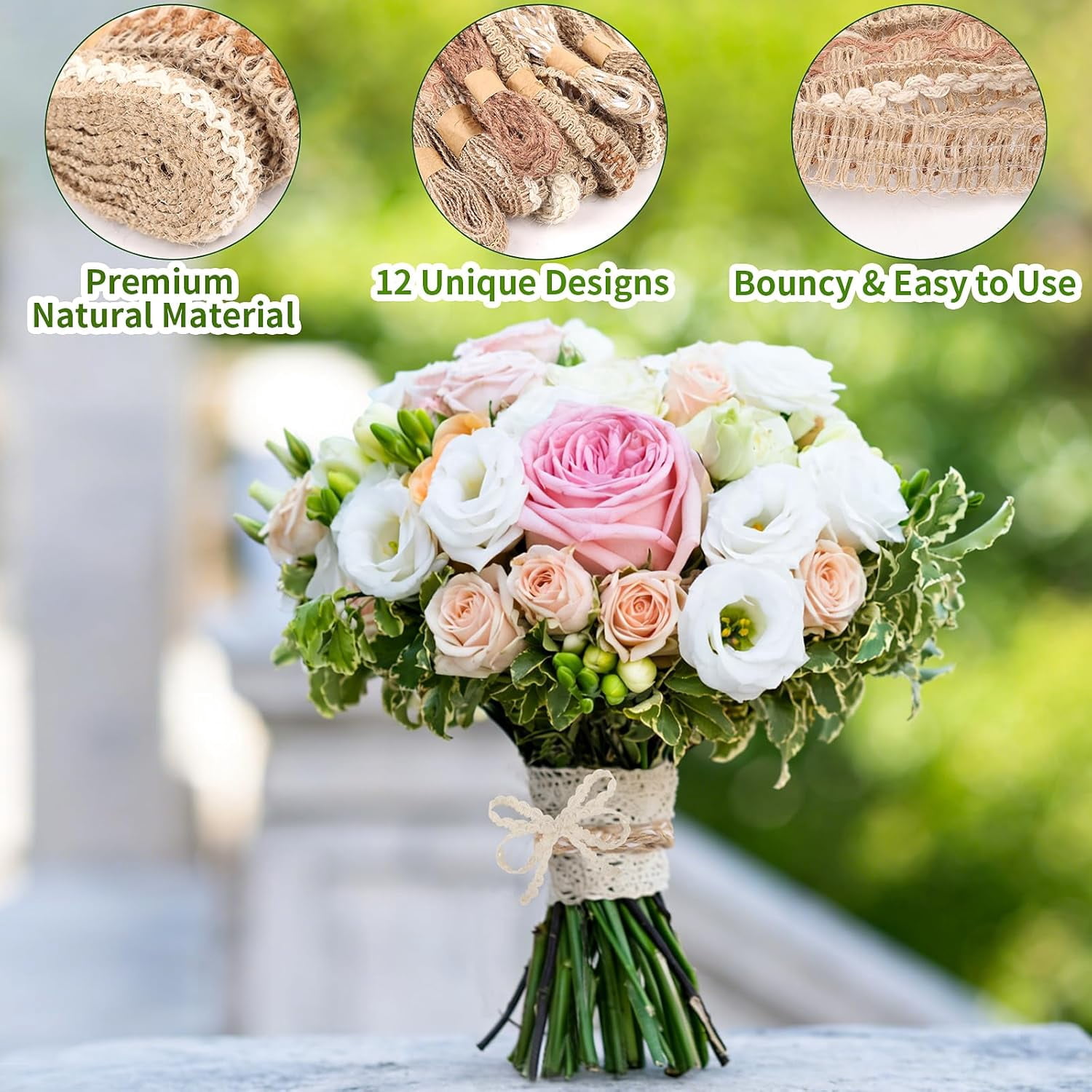 12 Rolls Jute Craft Ribbons Natural Burlap Lace Ribbon Trim 24 Yards Rustic Boho Vintage Craft Assorted for Gift Wrapping Wedding Decorations DIY Projects