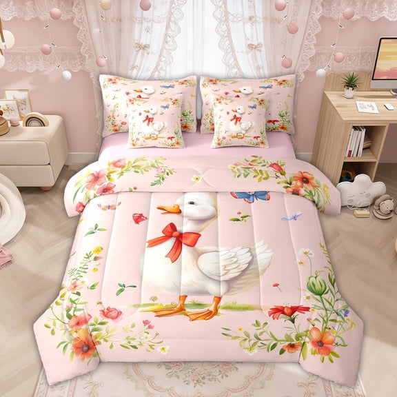 Manfei Cute Duck Red Bow Flower Twin Bedding Sets for Boys Girls, Rustic Animal Bedding Comforter Set, Pink Reversible, 7 Pieces