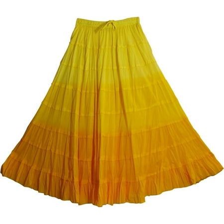 Missy Plus Bohemian Gauze Cotton Tiered Crinkled Broomstick Long Skirt Ombre (Yellow)