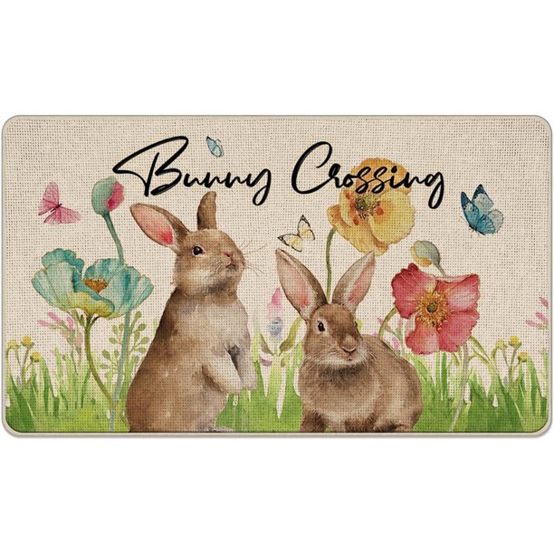 Felpudo decorativo con forma de conejo de Pascua, para interior y exterior, con diseño de flores y camión, para pasillo