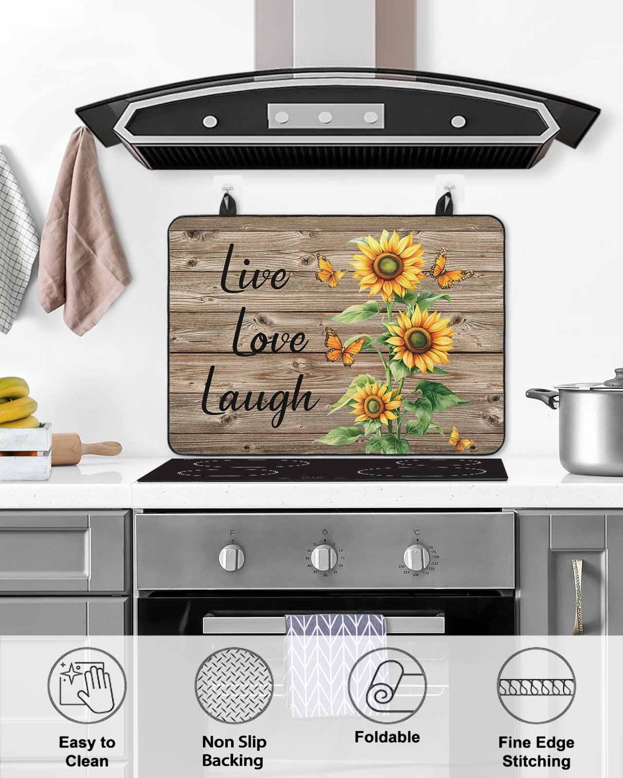 nqOlkjepod Large Induction Cooktop Protector Mat 36"x21", Sunflower Rustic Stove Top Covers for Electric Stove, Vintage Wooden Flowers Butterfly Stove Burner Cover Mats, Glass Top Stove Cover