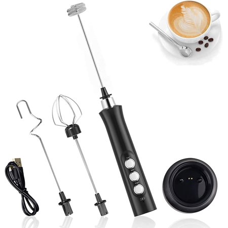 Mousseur à Lait Électrique Tenue à Main,3 en 1 Fouet Rechargeable USB,3