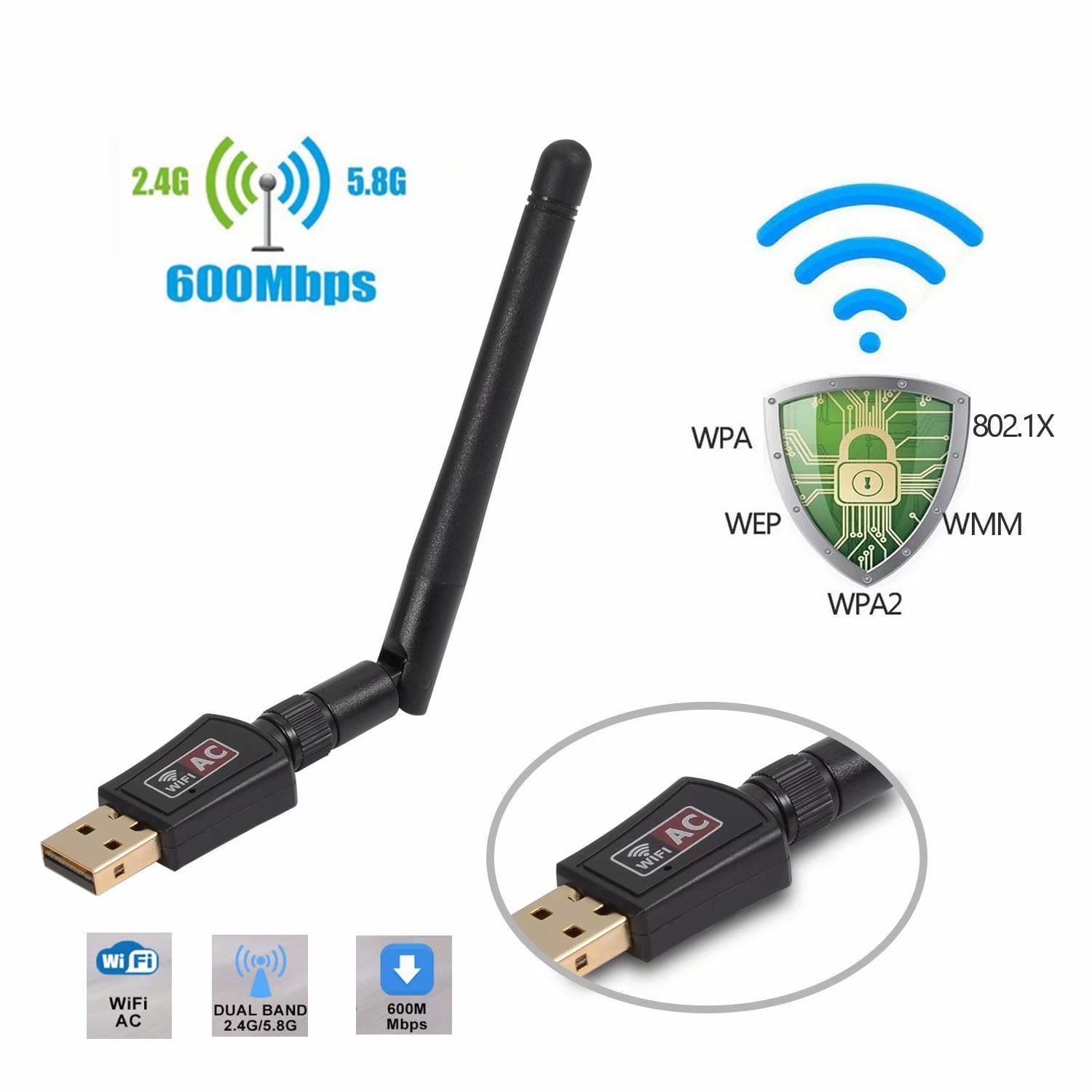 Wireless USB Wifi Adapter AC600Mbps Dual Band 2.4G/5GHz for PC Laptop & Desktop 