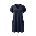 thumbnail image 5 of Efsteb Women's Cotton Tunic Dress V-Neck Short Sleeve Casual Loose Fit Short Dress with Side Pockets （Navy,M）, 5 of 7