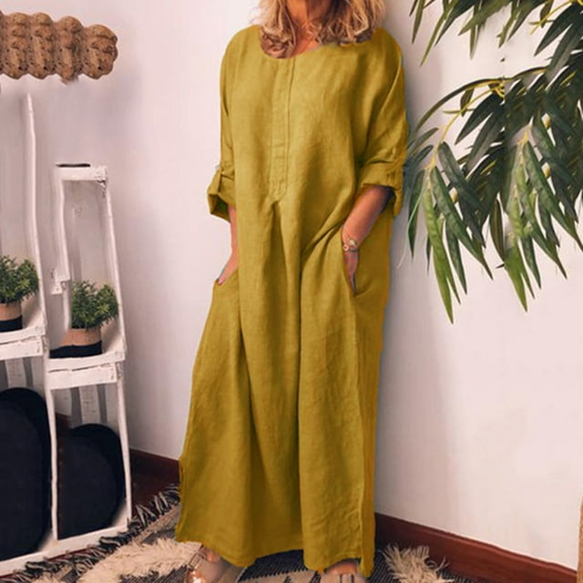 Robes Chemises pour Femmes Mode Femmes Été Décontracté Manches Longues Col Rond Lin Uni Robe Longue Manches Longues Robe Femmes en Liquidation