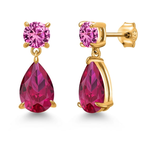 Gem Stone King 18K Yellow Gold Plated Silver Red Created Ruby and Pink Created Sapphire Teardrop Dangle Drop Earrings for Women (8.96 Cttw, Gemstone Birthstone, Pear Shape 12x8MM, Round 6MM)