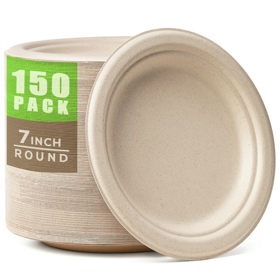 Gezond 100% Compostable Paper Plates 7 Inch, 150pcs Disposable Heavy-Duty Plates Unbleached Biodegradable Plate Made of Sugarcane Fiber