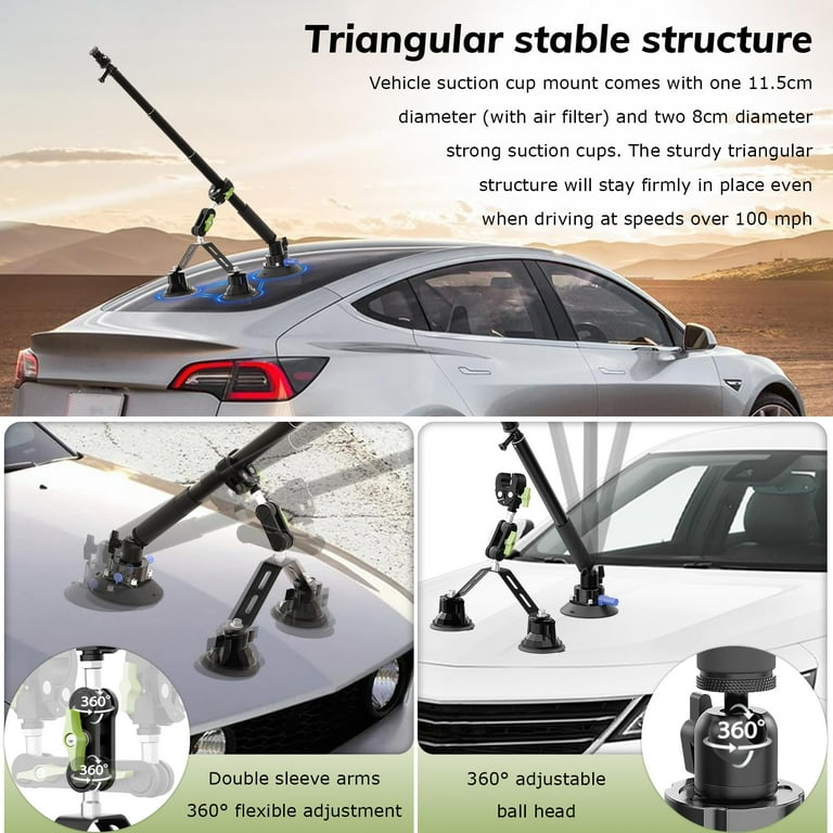 Triple Suction Cup 360 Camera Car Mount,with Action Camera Adapter Compatible Insta360, Compatible GoPro, Compatible CA065