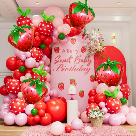 Strawberry Balloon Arch Kit - 137pcs Red Pink and Pink Balloons with Strawberry Foil Balloons for Berry First Birthday Decor Sweet Girl Baby Shower Strawberry Shortcake Themed Party Decorations Y114