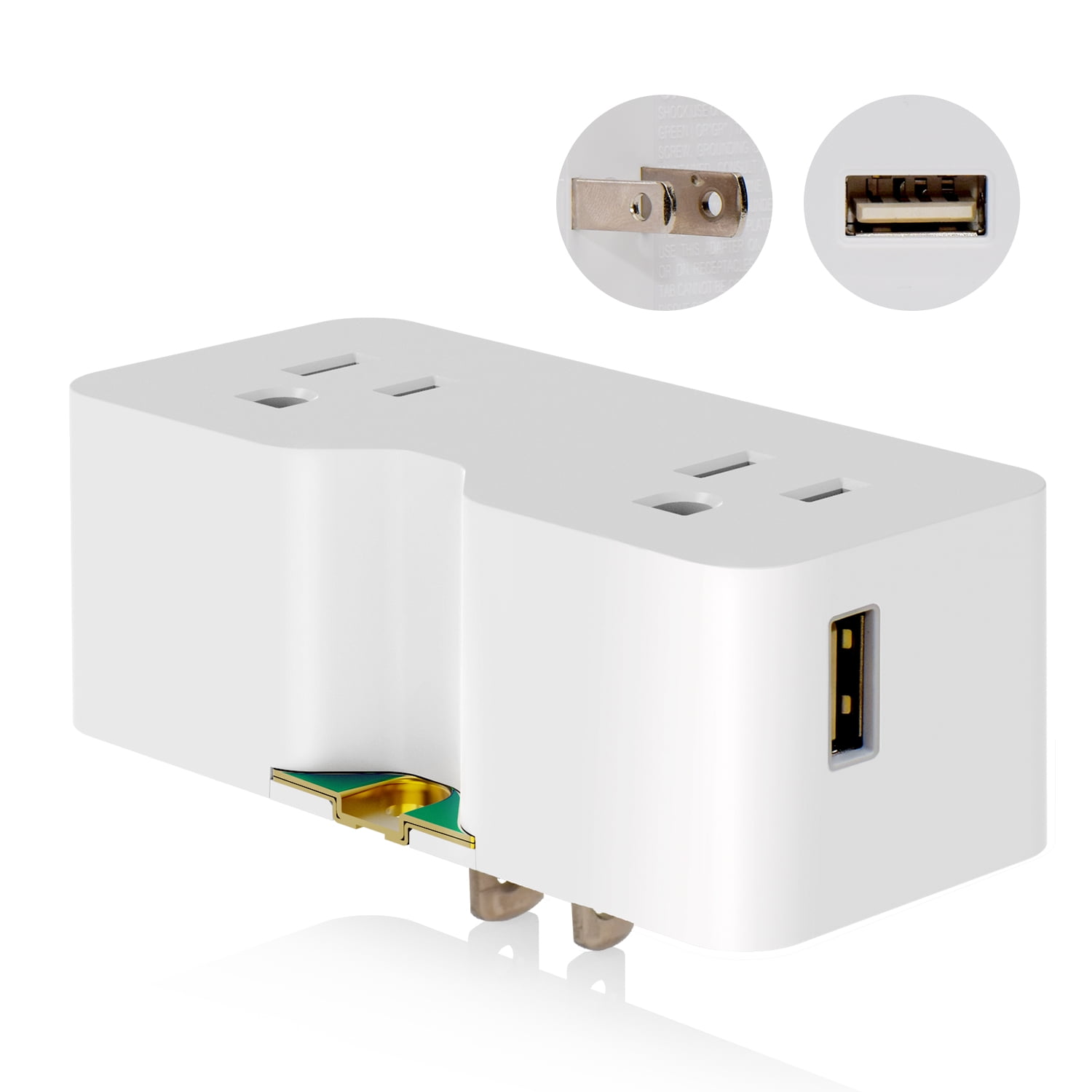 USB Wall Outlet Extender, Multi Plug Outlet Splitter with Two USB A Ports (4.2A in Total), Outlet Extender Wall Tap, 2 Prong to 3 Prong Grounding Adapter Plug, 125V, ETL Listed, White, 1 Pack