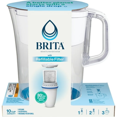 Brita Refillable Water Filtration System with Large 10 Cup Pitcher, Tahoe, and 1 Refillable Filter