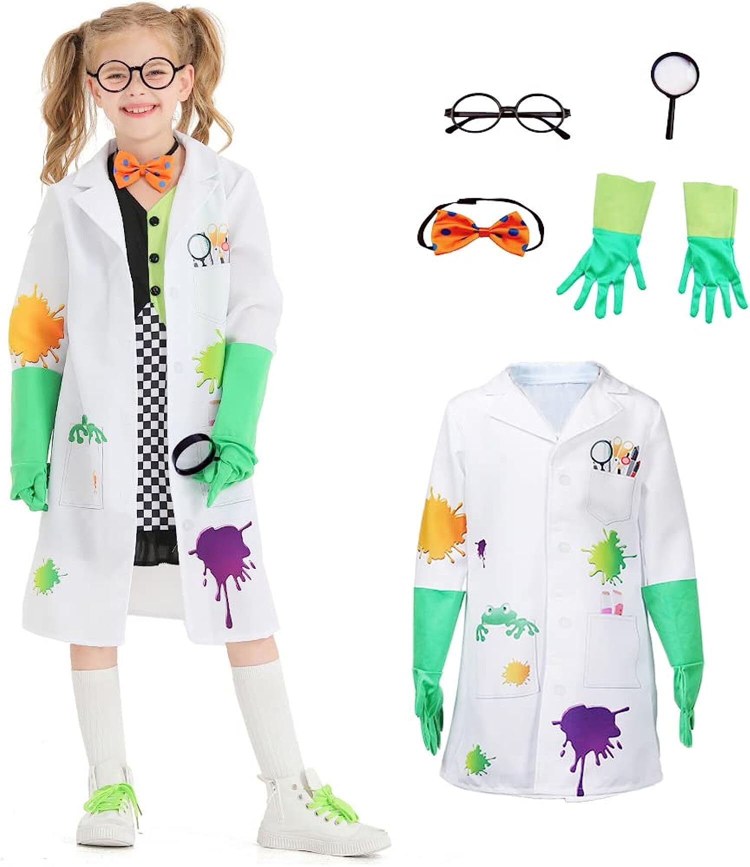 RUNOB Girls Mad Scientist Costume Kids Doctor Costume Lab Coat 5pcs