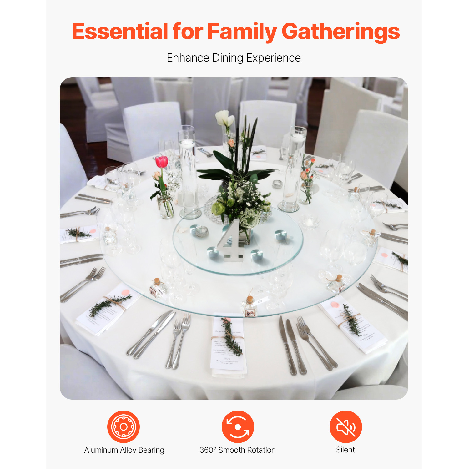 KFFKFF 40-inch Glass Revolving Serving Tray, Reinforced Glass Dinner Table Focal Point with 6 Spinning Casters, 360° Effortless and Quiet Swivel Tabletop Rotating Platter, Ideal for Family Reunions