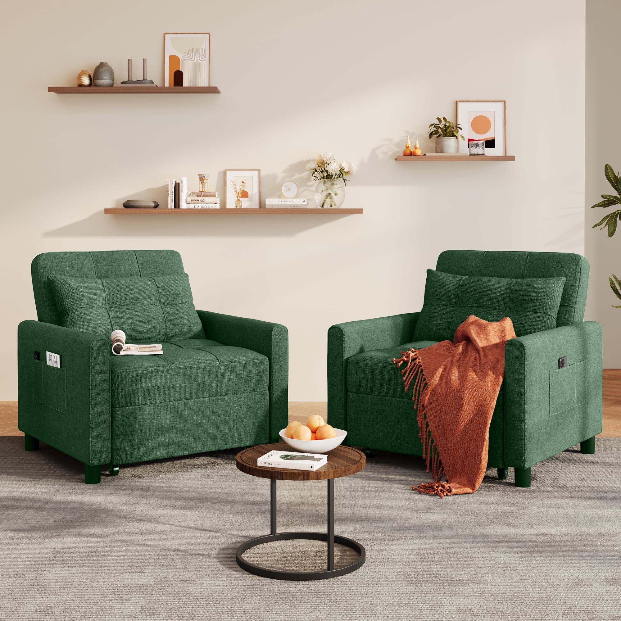 3-in-1 Convertible Sleeper Chair, Lightweight Foldable Sofa Bed for Small Spaces, Linen Upholstery, Green
