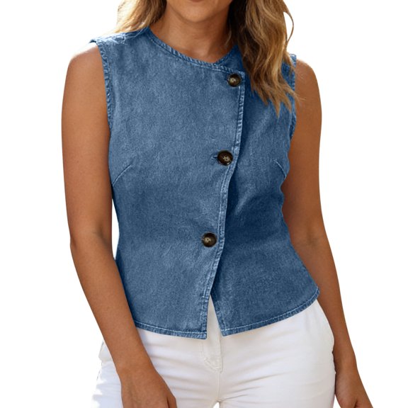 MOJOGO Womens Denim Vest Asymmetrical 3-Button Sleeveless Tops Short Slimming Tank Top Fashion Summer Outfits