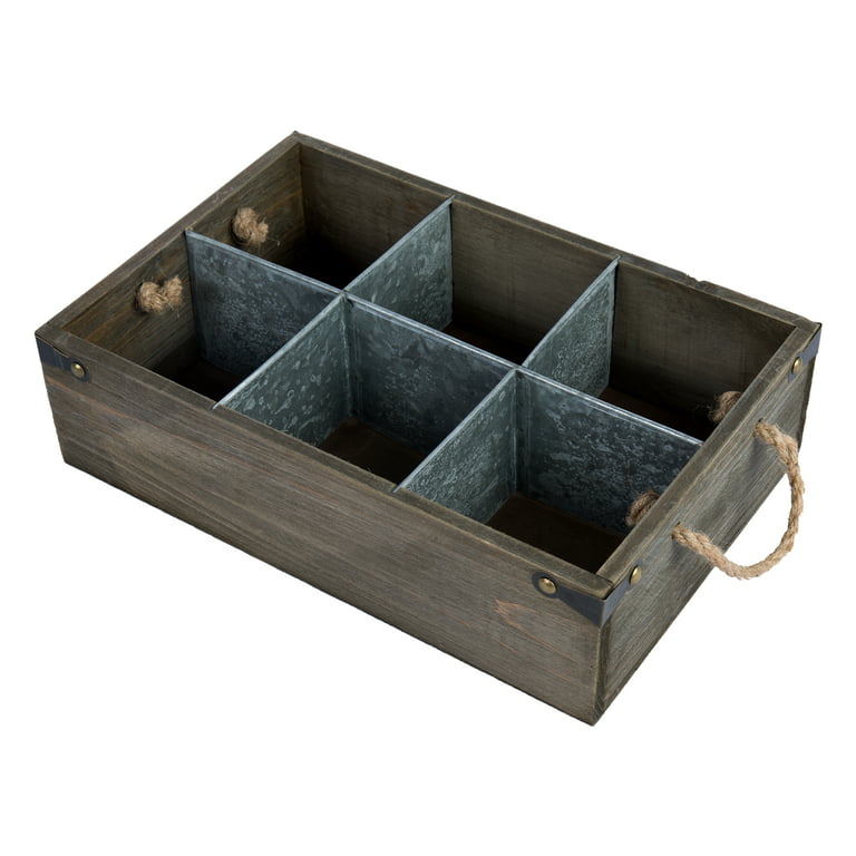 Barnwood Style Decorative Storage Box, Organizer Caddy with Metal Dividers  & Handle 