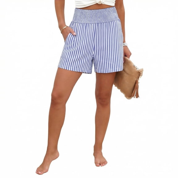 Garbnen Striped Short High Waisted Womens Summer Shorts Beach Outdoor Breathable Color Block Women's Shorts with Pockets Blue S