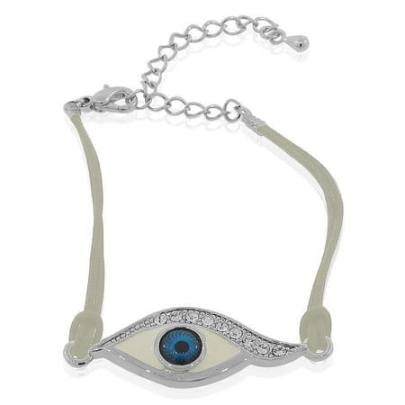Fashion Alloy White Cord White Clear CZ Evil Eye Protection Bracelet, 8"